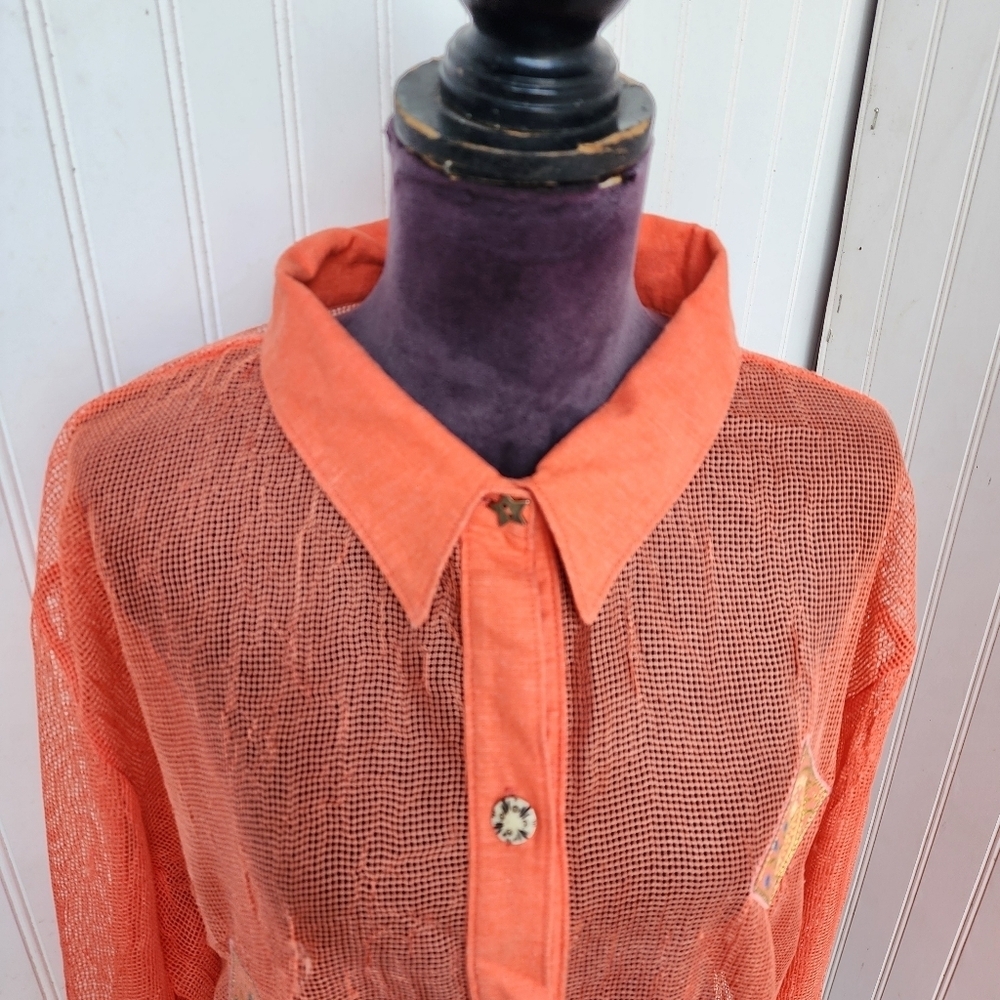 VTG Popovitch Womens Button Front Shirt Orange Linen Belnd Mesh Relaxed Plus 2X - Picture 2 of 13